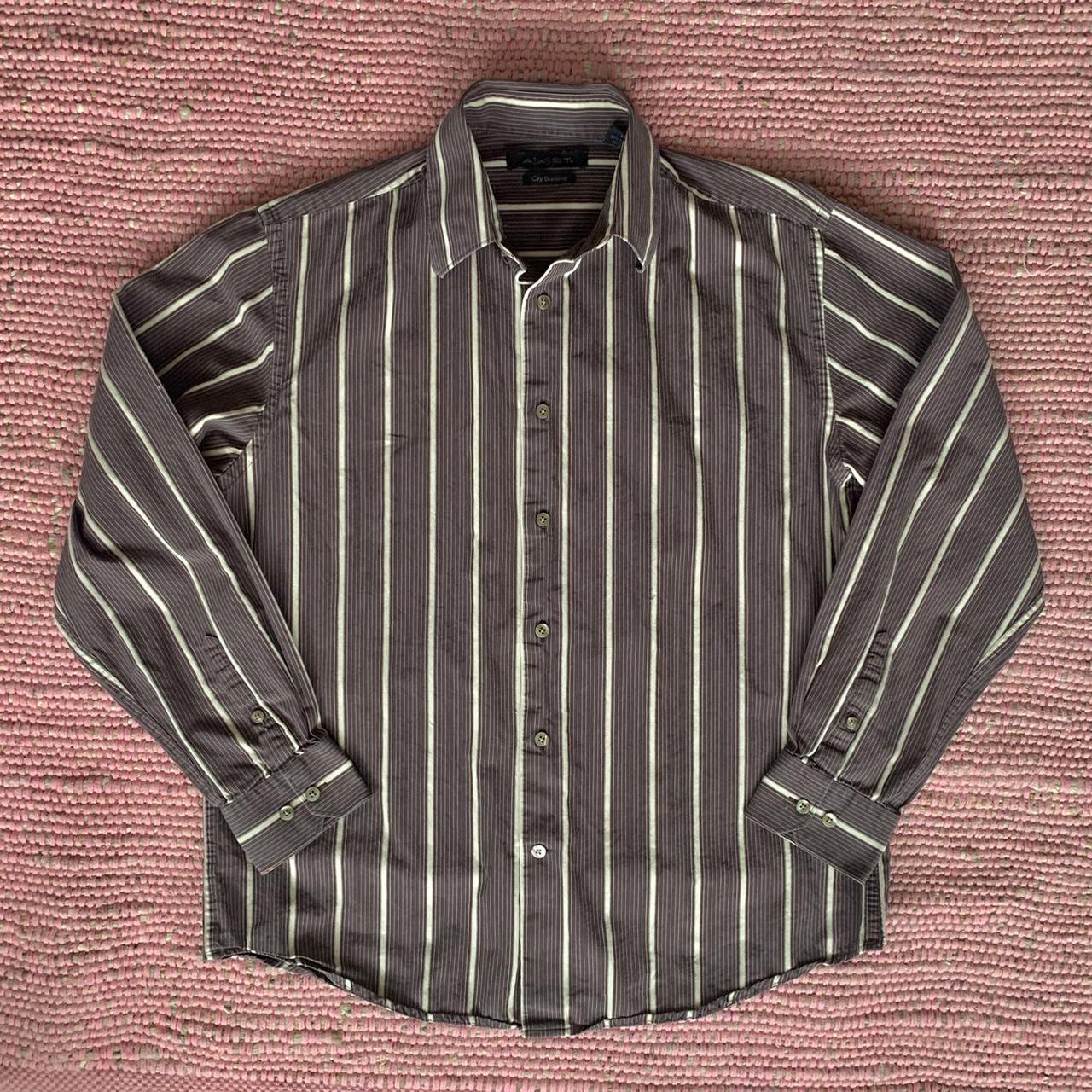 vintage 90s cotton brown striped button up down... - Depop
