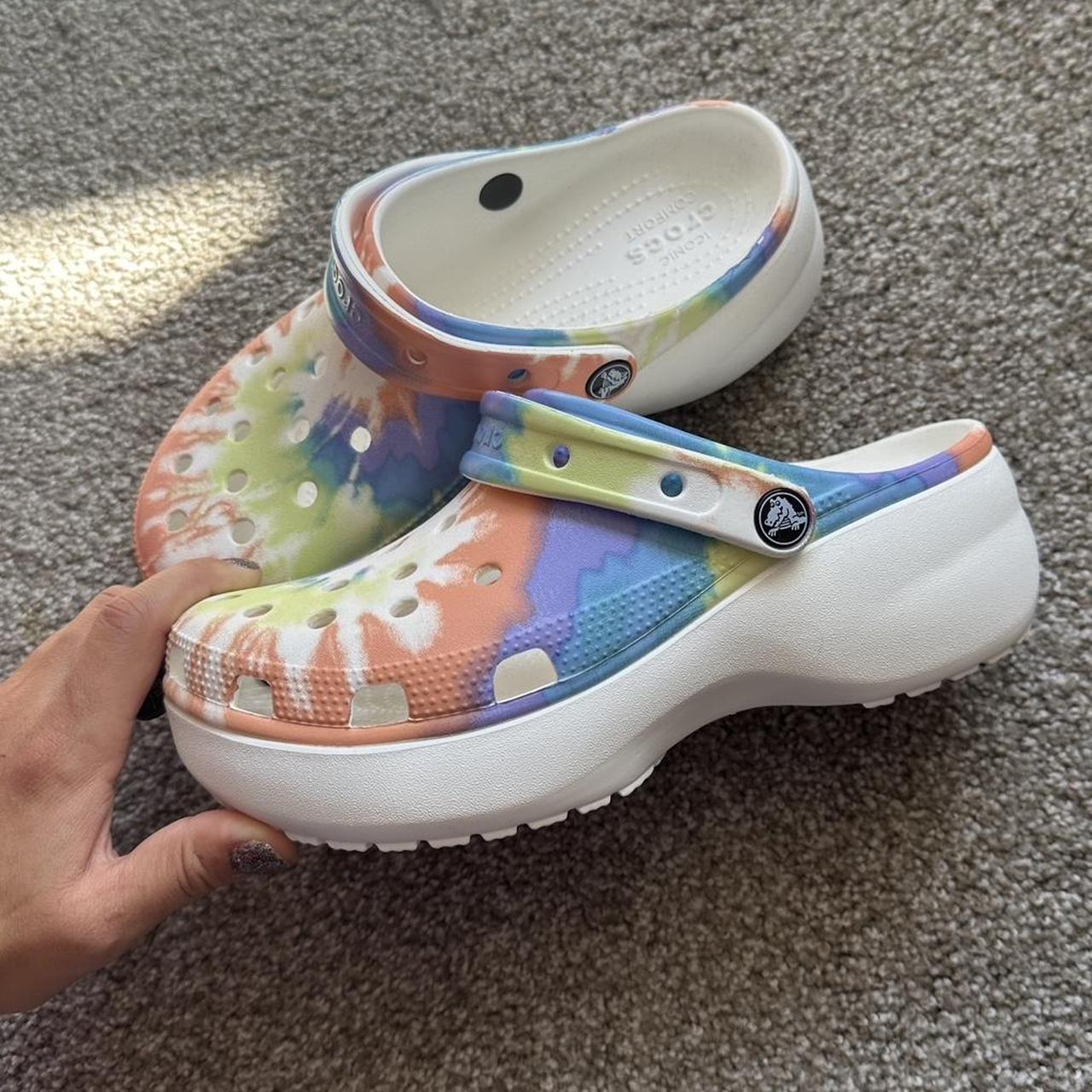 Brand new lime green crocs with white/grey tie dye - Depop