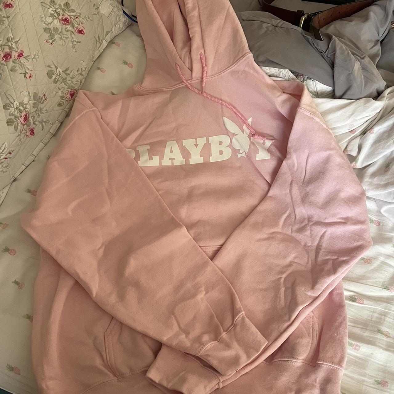 Playboy Men's Pink and White Hoodie Depop