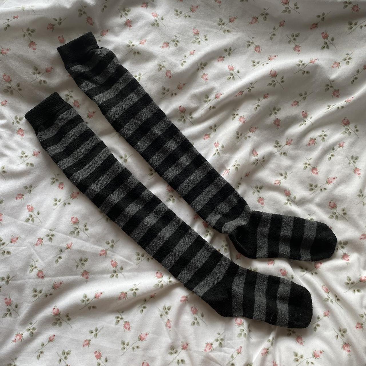 🎀 grunge thigh high socks - black and grey striped... - Depop