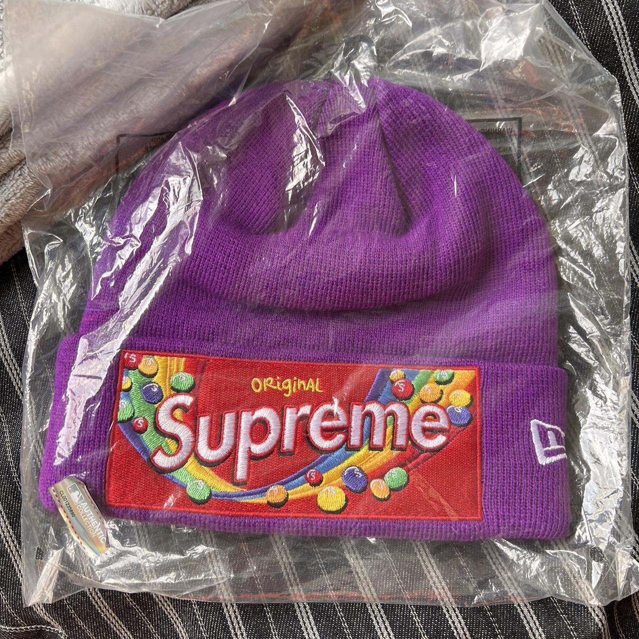 Supreme Skittles New Era Beanie Purple with 2 Packs of Supreme Skittles