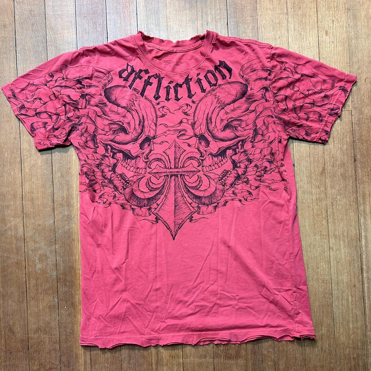 Affliction Men's Burgundy and Red T-shirt | Depop