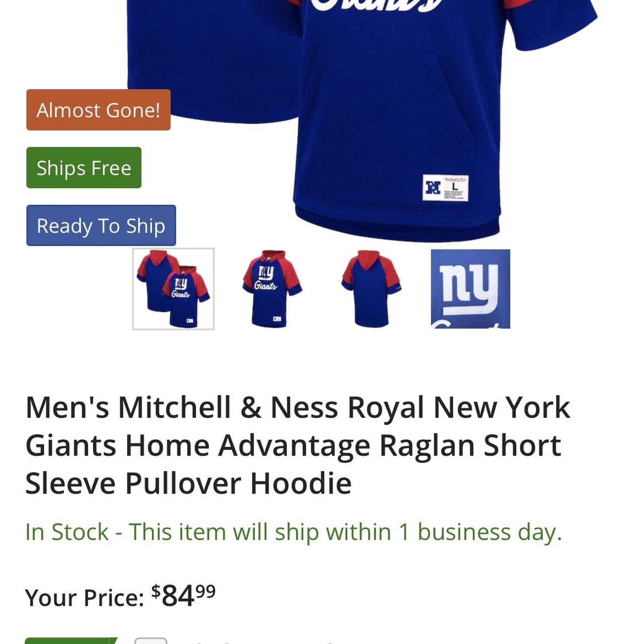 Mitchell Ness Mens Royal New York Giants Home Advantage Raglan Short Sleeve  Pullover Hoodie