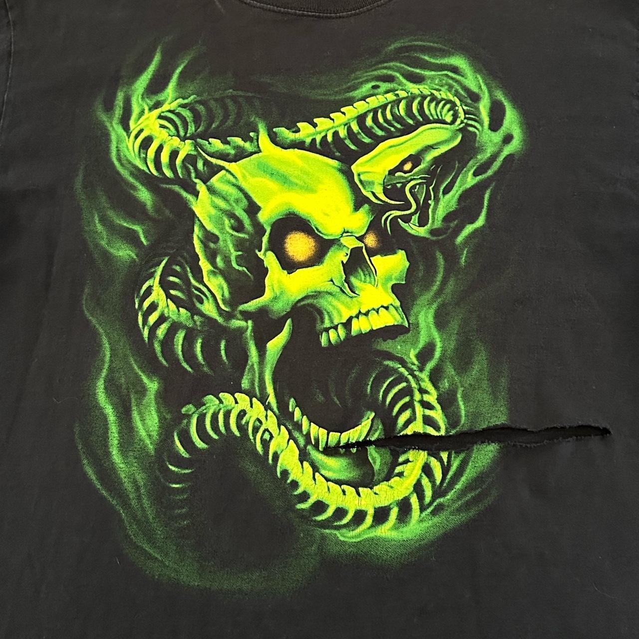 Vintage 00s green flame snake skull t shirt Tag - Depop