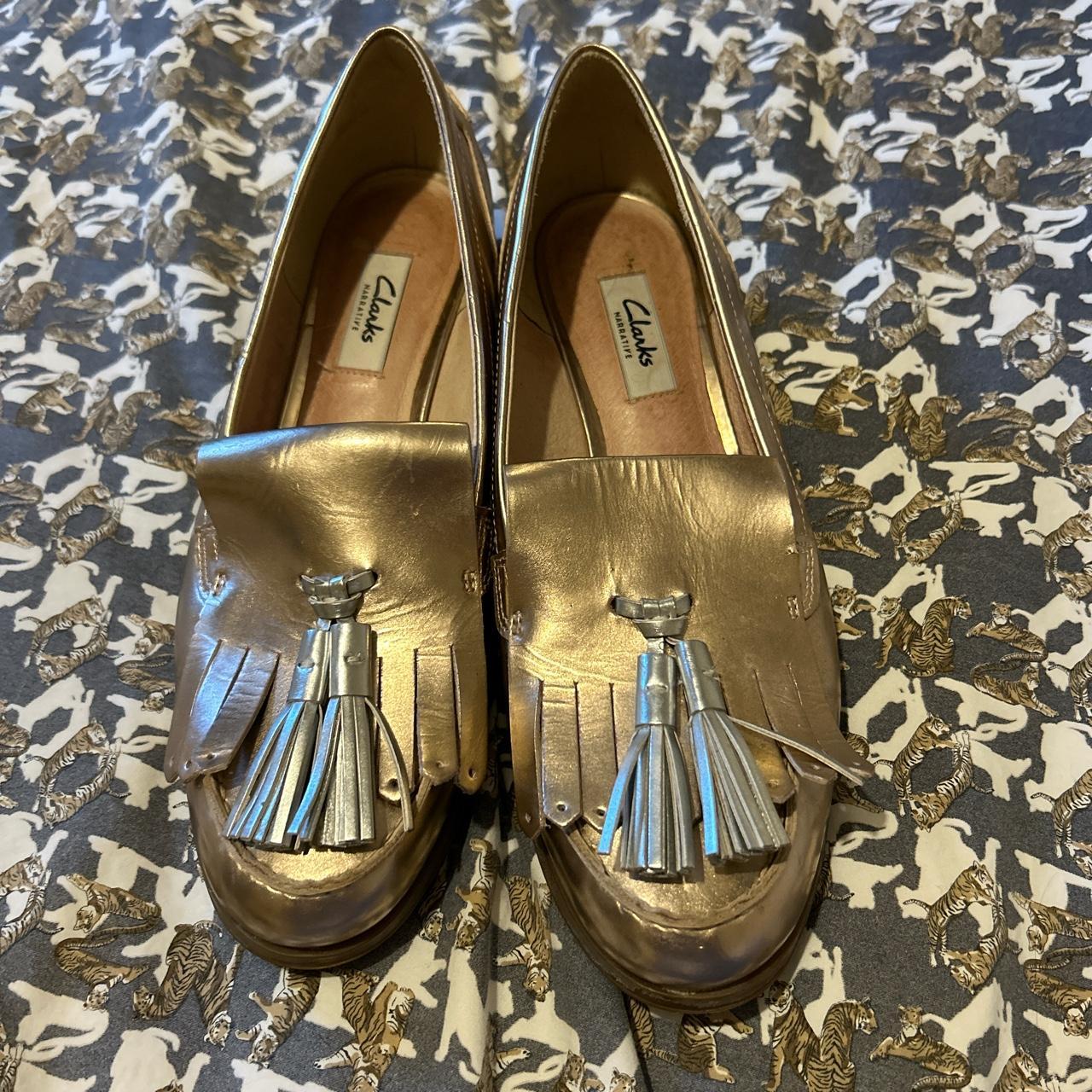 Clarks store gold loafers