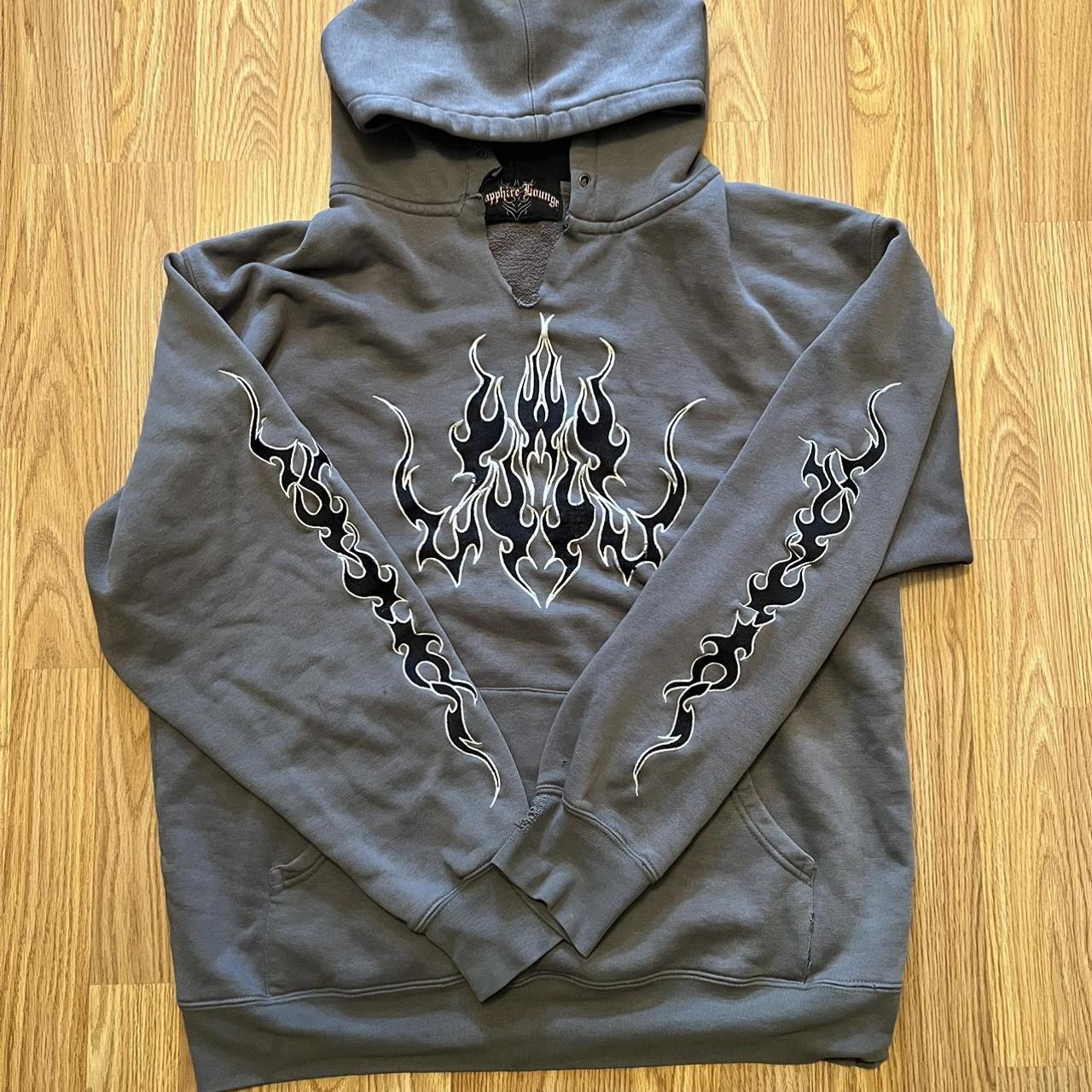 SUPER SICK y2k embroidered flame hoodie sapphire... - Depop