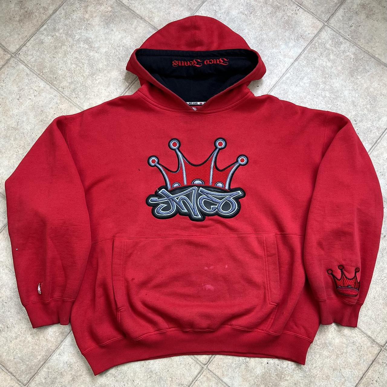 JNCO jeans Red Crown Embroidered Hoodie Size XL pit... - Depop