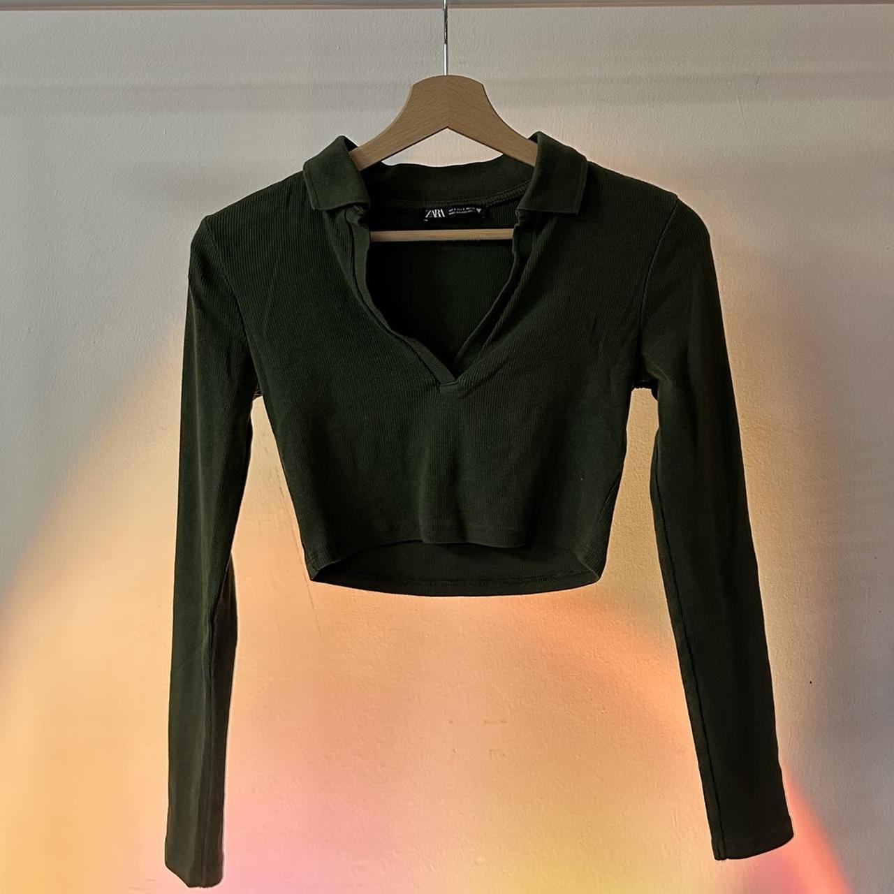 ZARA crop top Long sleeve dark green collared... Depop