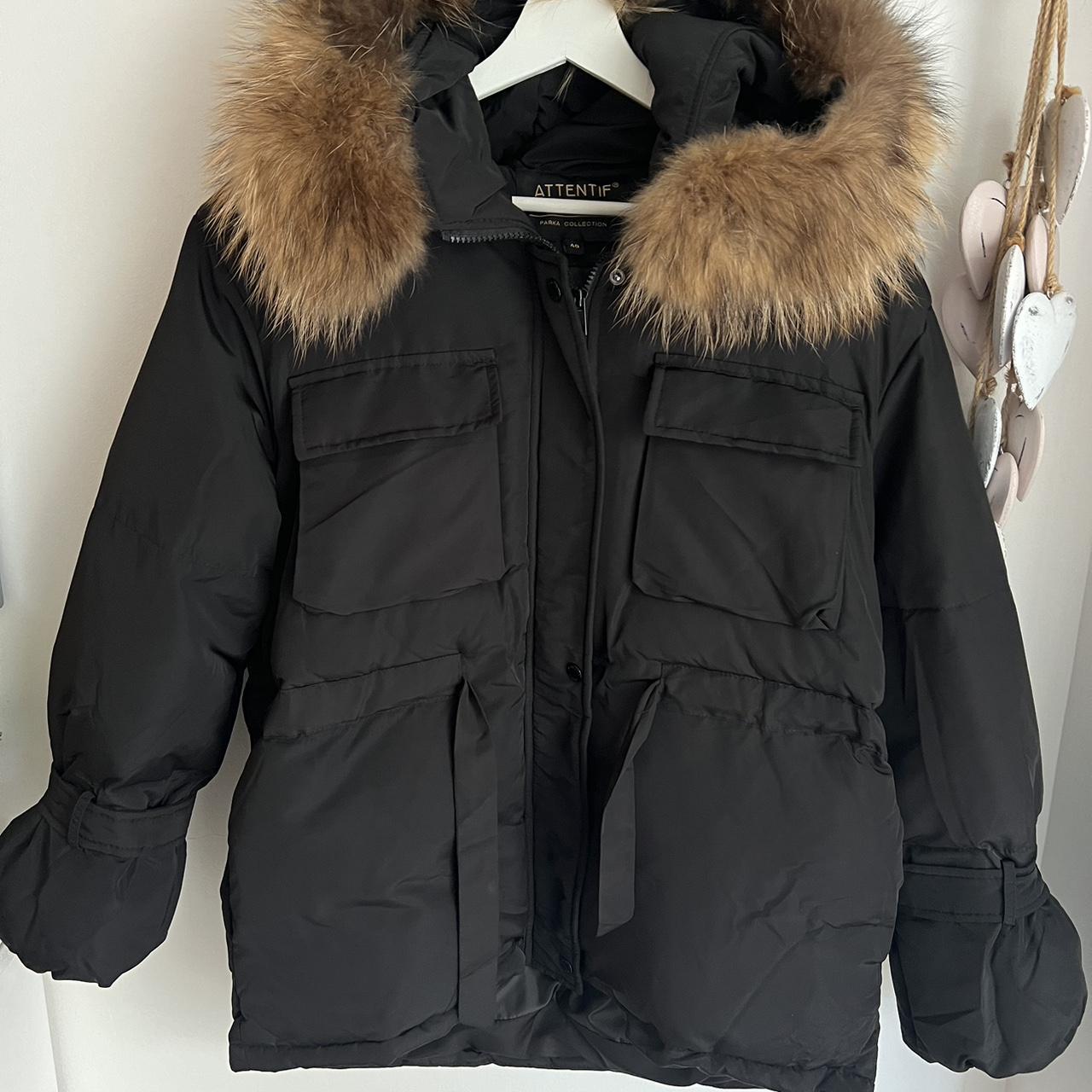 Black fur hood tie up puffer jacket Worn once,... - Depop