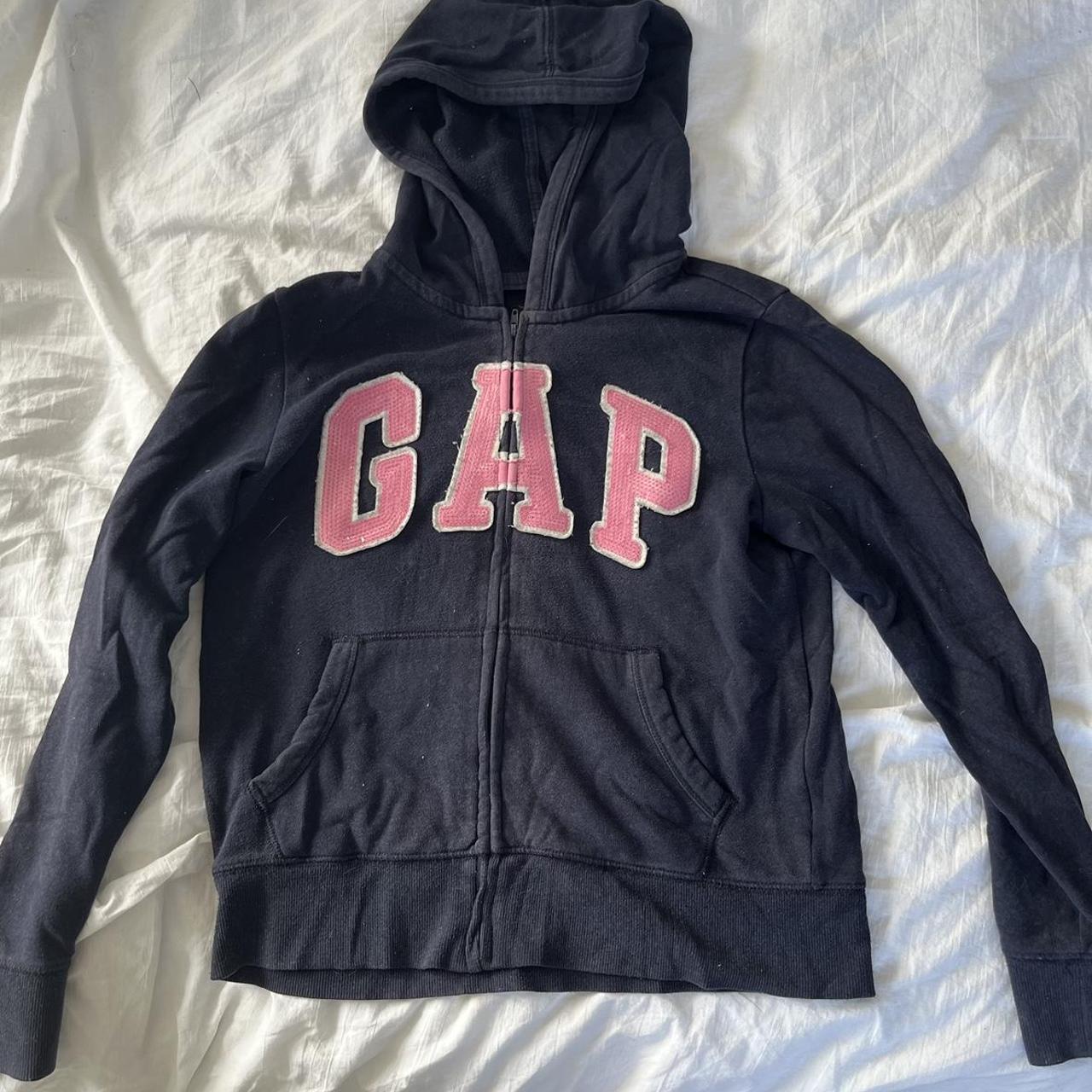 vintage gap hoodie navy and pink has some bubbling... - Depop