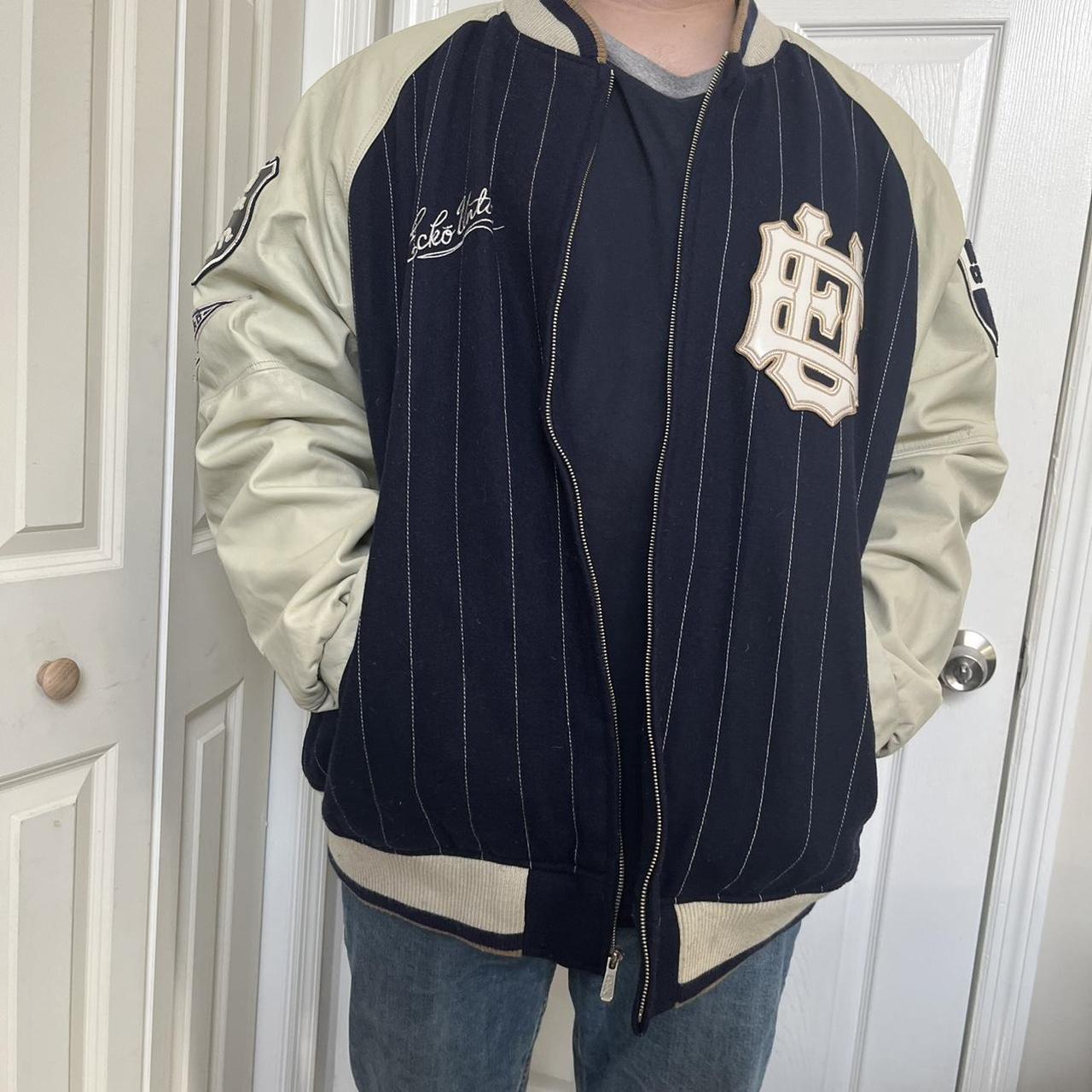 ecko unltd. navy and cream varsity jacket model is