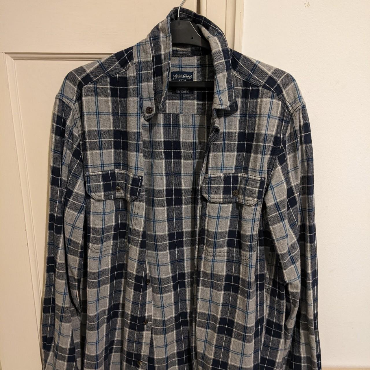 blue, white and grey checkered flannel... - Depop
