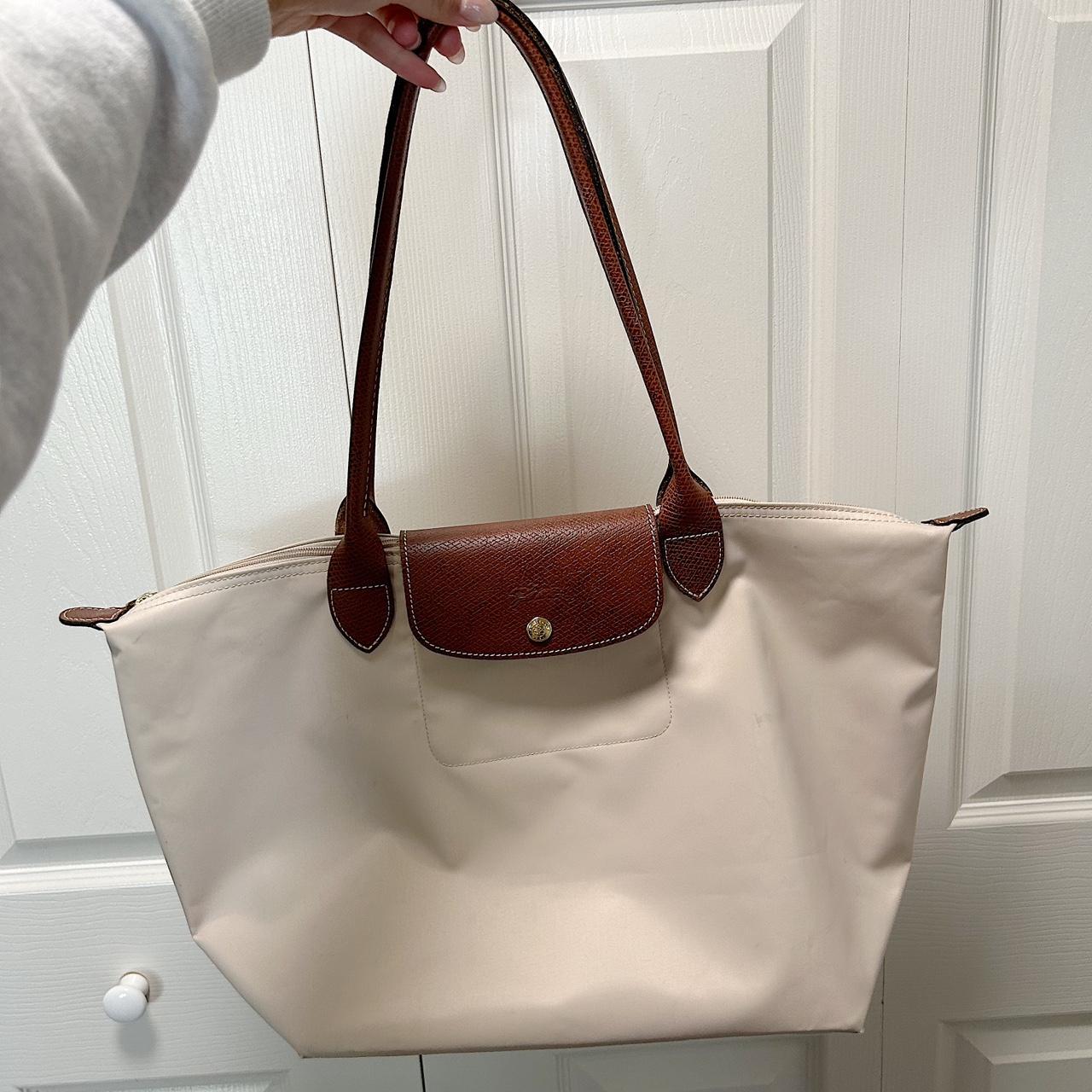 longchamp le pliage tote in a cream color with brown... - Depop