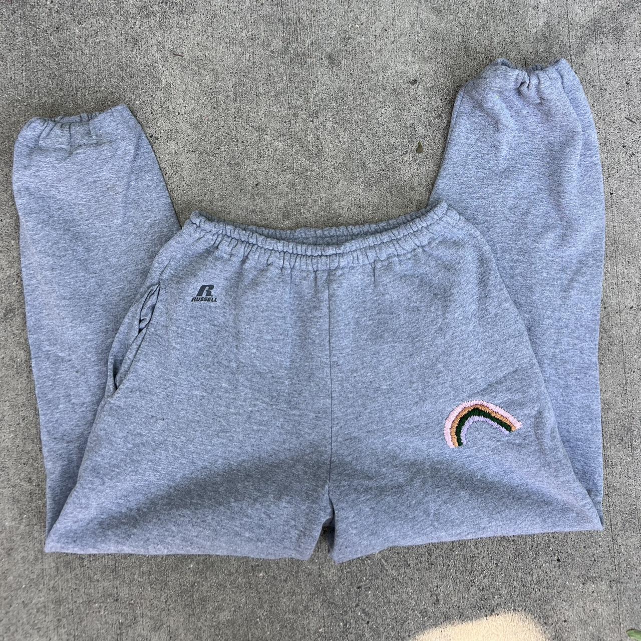 gray rainbow sweatpants with cinched bottom, size S, - Depop