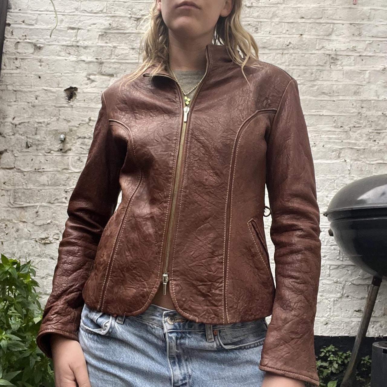Brown leather jacket with panels and exposed... - Depop