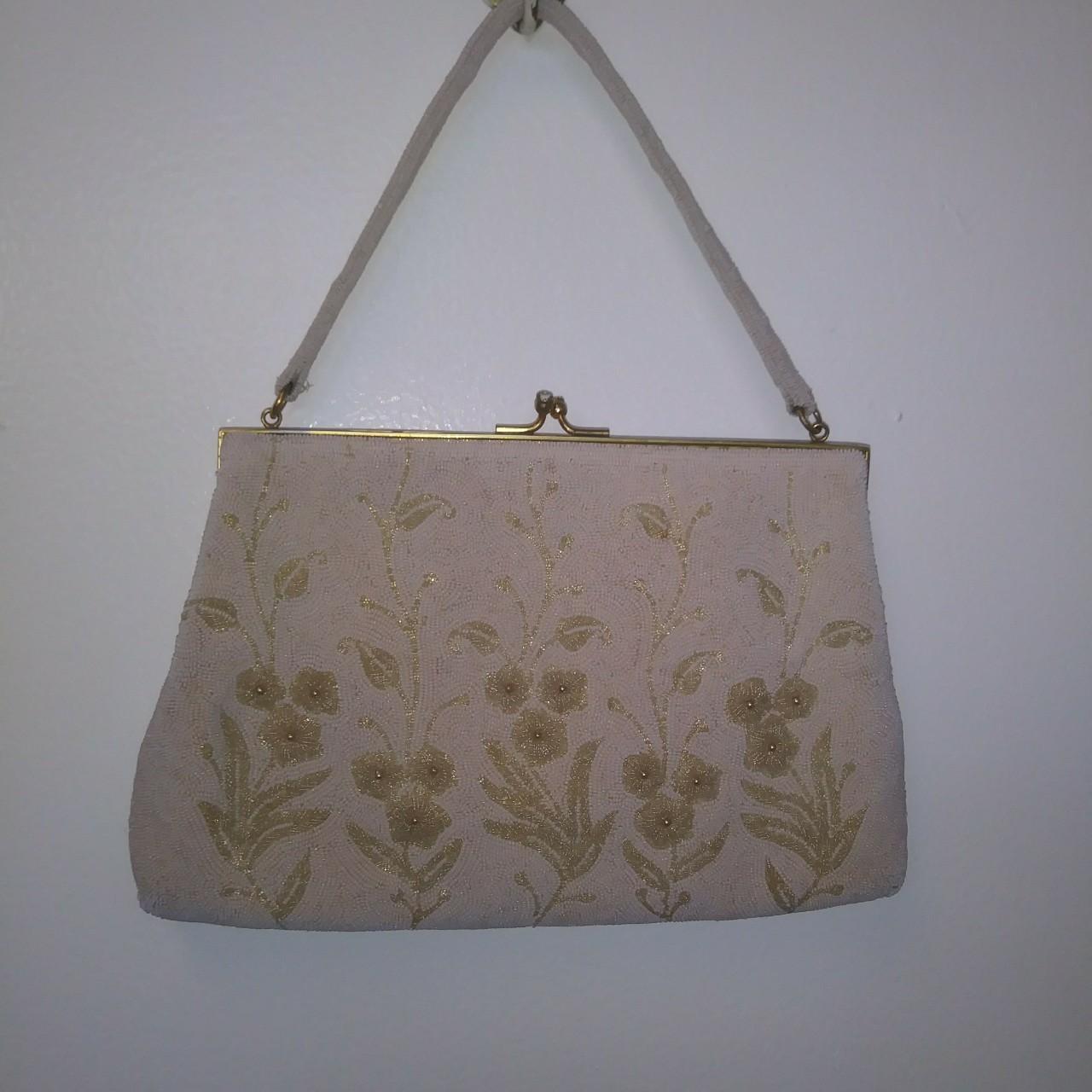 Vintage small pearl beaded evening bag with leaf - Depop