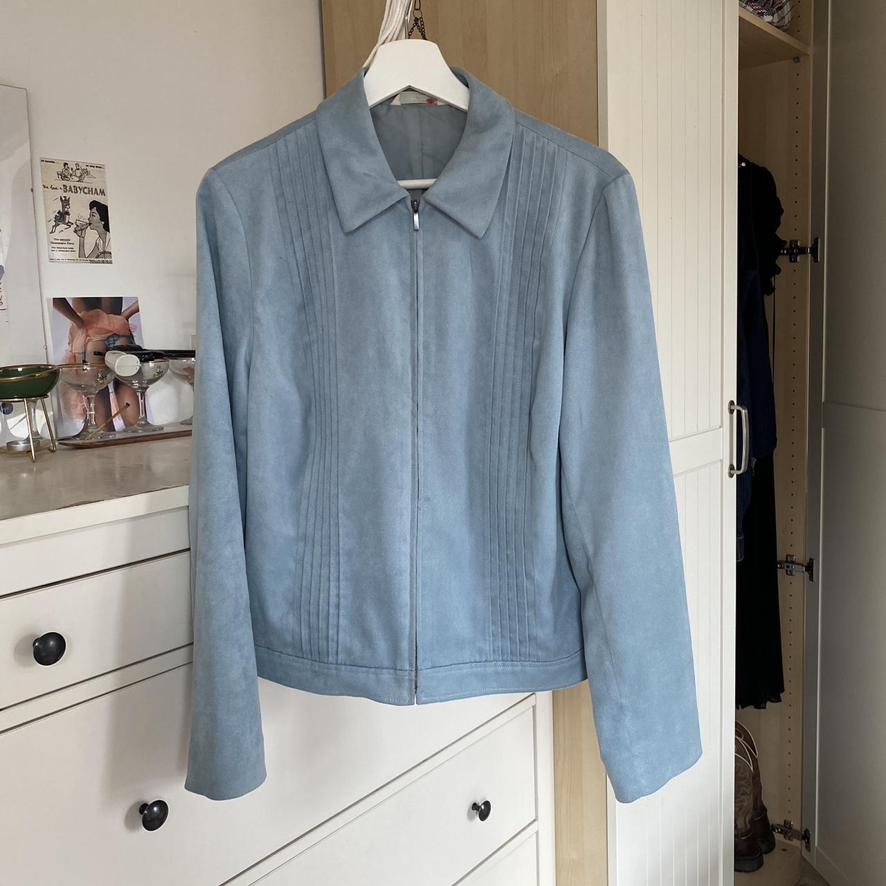 Baby blue suede zip up jacket fit to fit a size 812 Depop