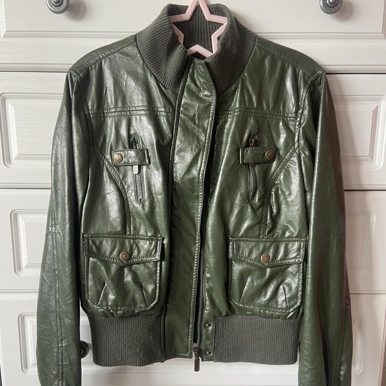 green leather jacket Zip up leather jacket Size 8... - Depop