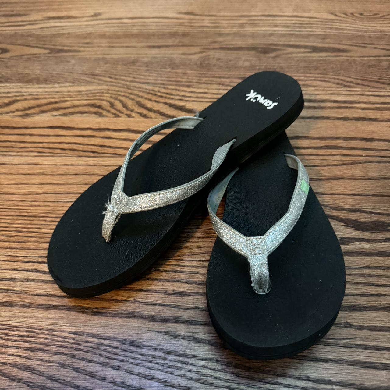 Sanuk silver sparkly and black flip flops size 7 8. Depop