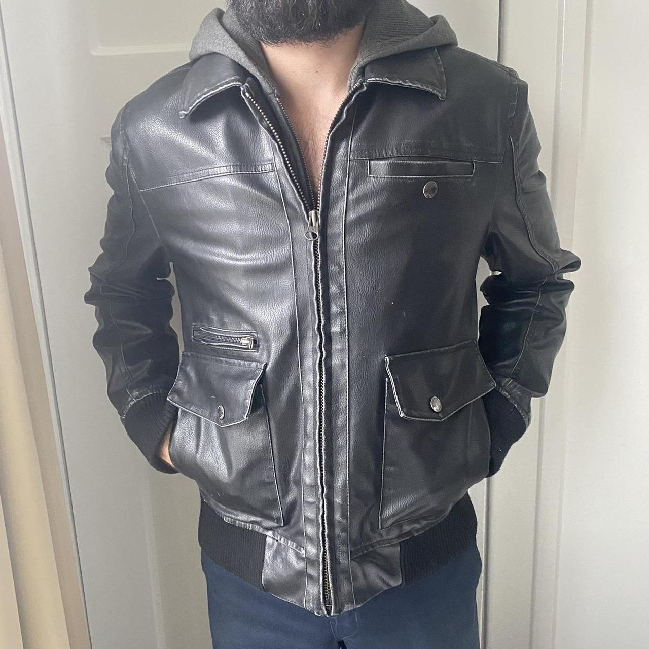 Black Leather Jacket with Built In Hoodie This. Depop