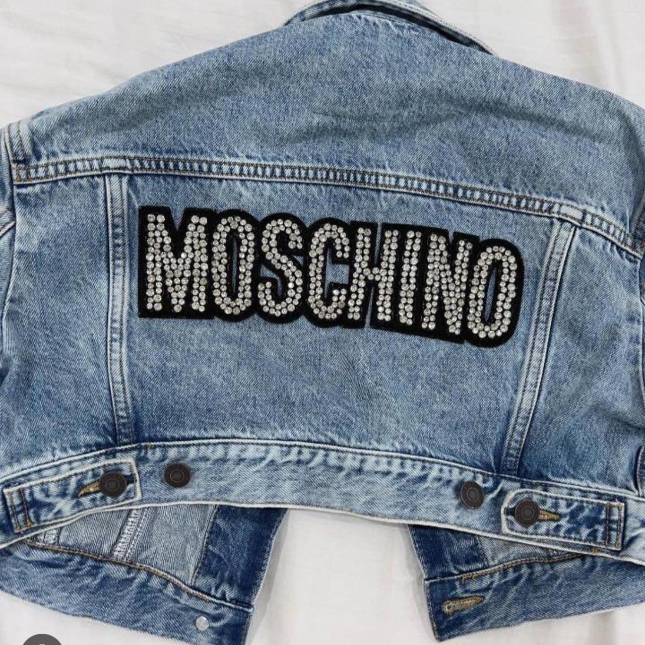 H M x MOSCHINO denim jacket with rhinestones by. Depop