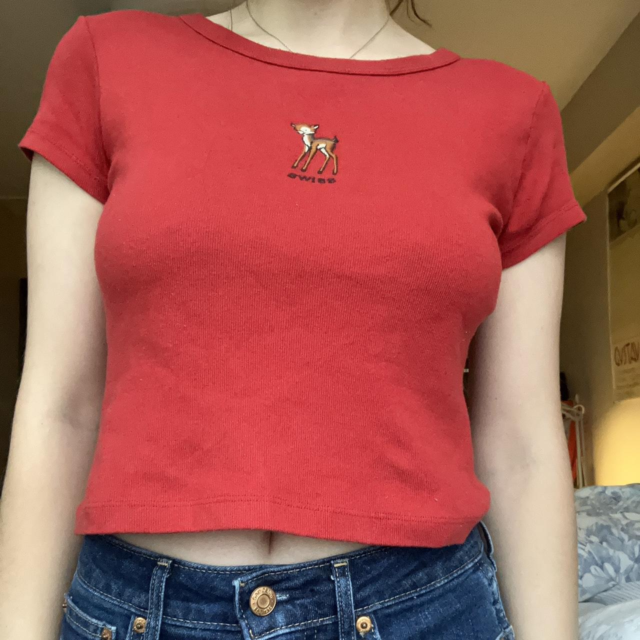 John galt/brandy Melville red ‘Swiss’ baby tee with... Depop
