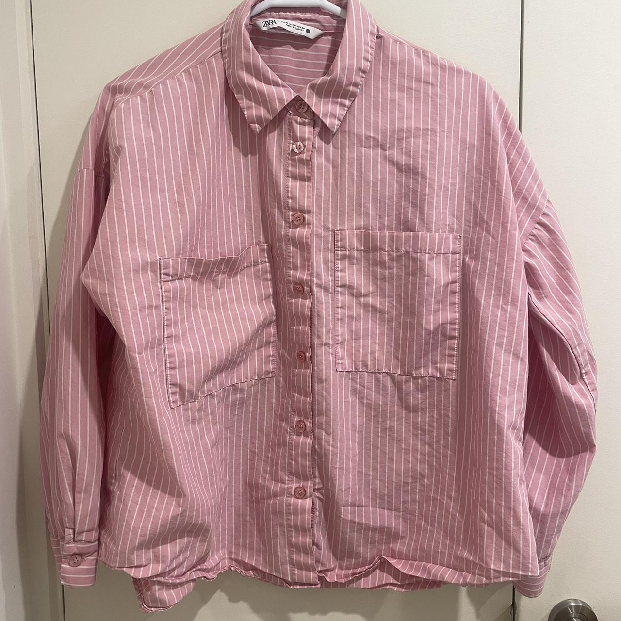 Zara pink and white stripe button up collared blouse... - Depop