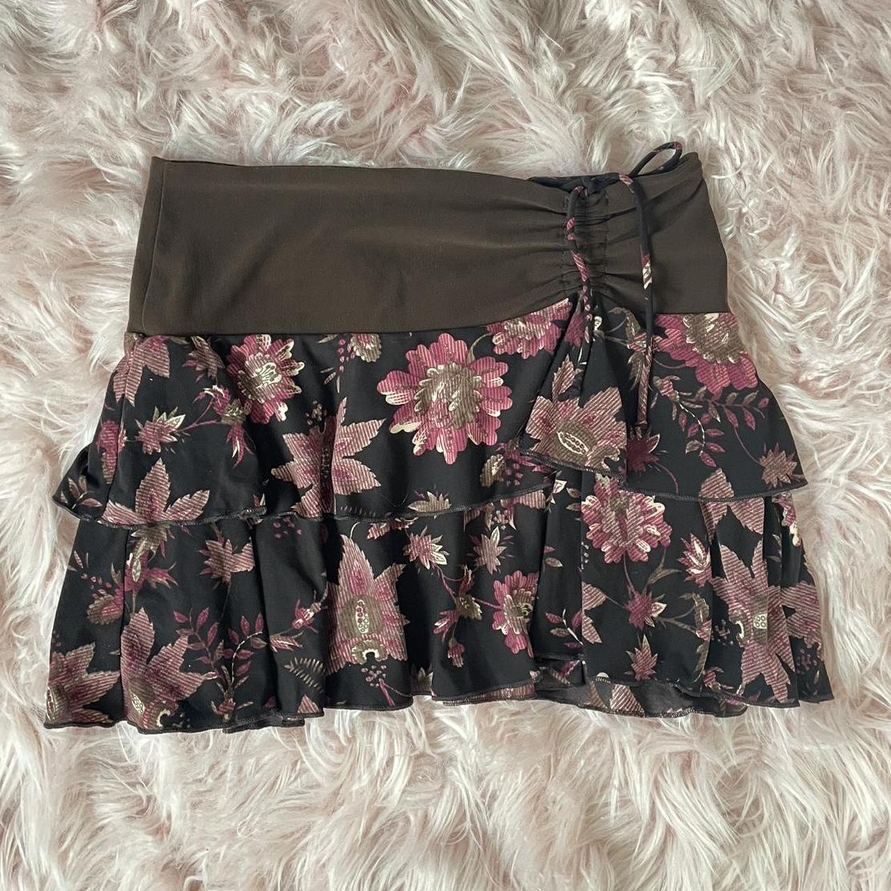 Cutest little brown & pink floral mini skirt - fits... - Depop