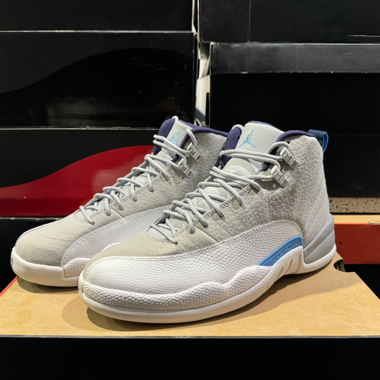 jordan 12 retro grey university blue almost new. Depop