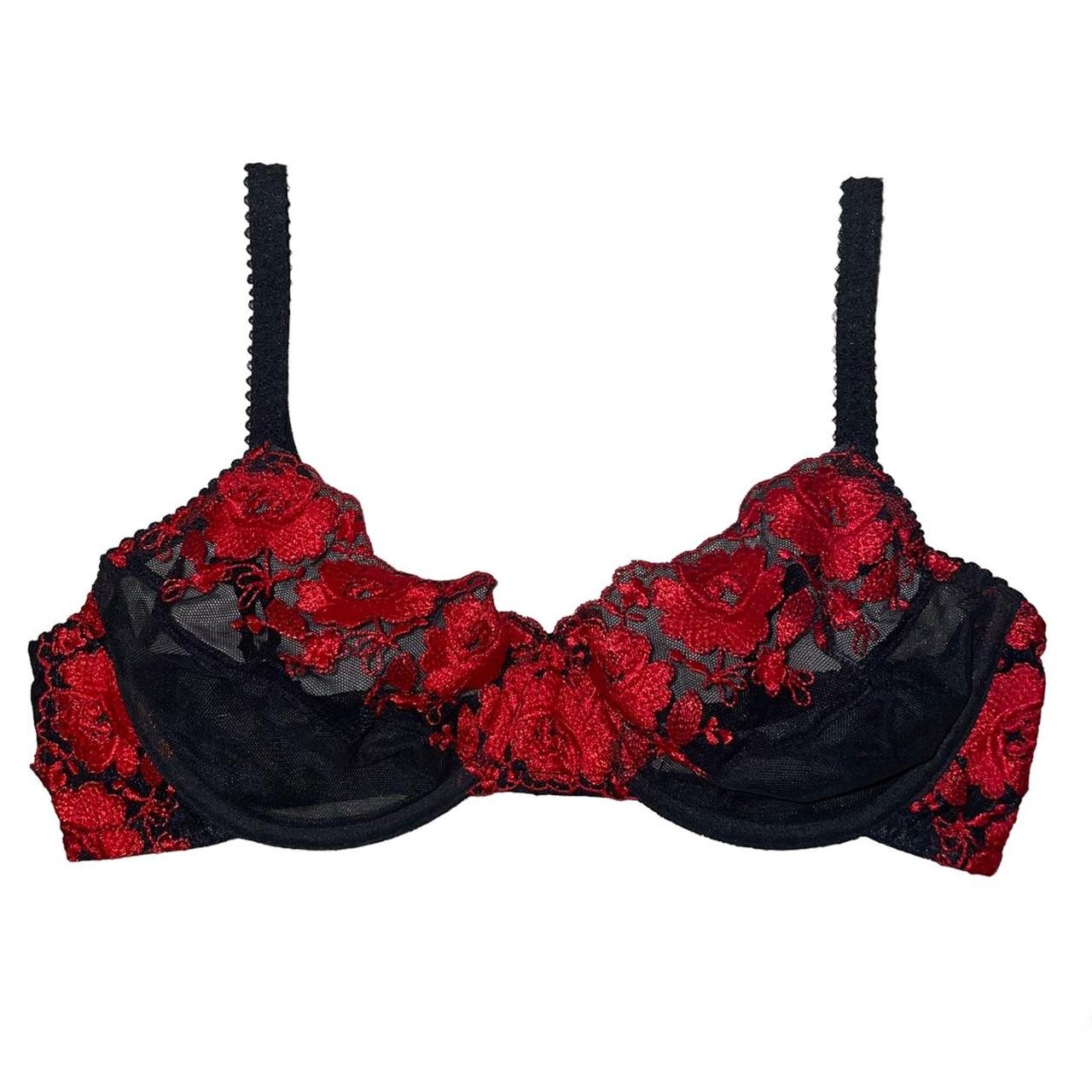 Vintage sexy black mesh & red lace brassiere by - Depop
