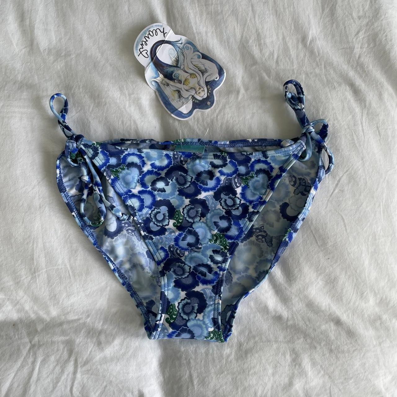 vintage blue floral bikini bottom adjustable side... - Depop