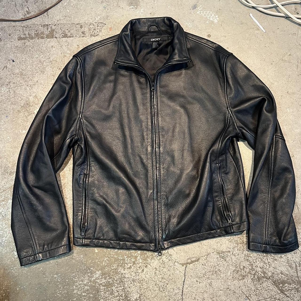 vintage black leather jacket size large brand: DNKY - Depop