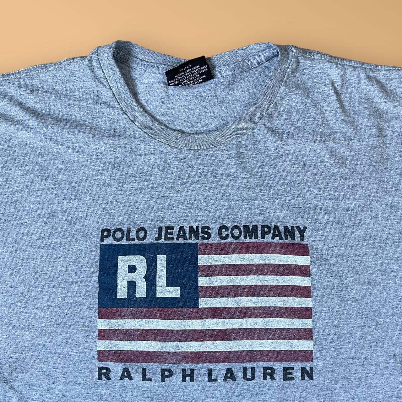 Vintage 90s Grey Polo Ralph Lauren Flag Box Logo Tee... - Depop