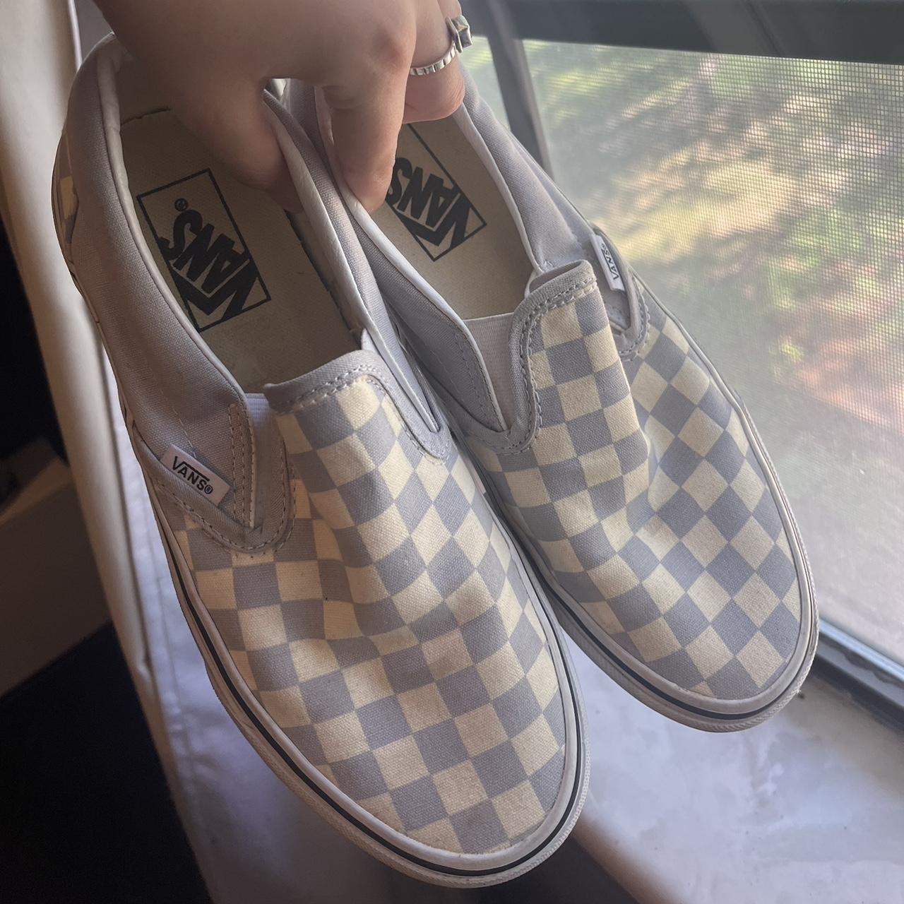 lavender checkered slip on vans size m7/w8.5 - Depop