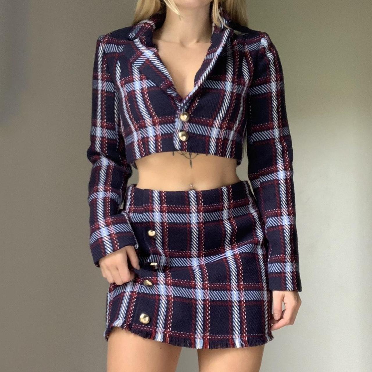 Purple plaid skirt navy blue best sale