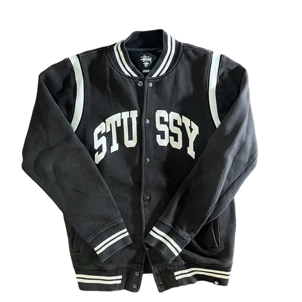 White stussy-varsity-jacket - Depop
