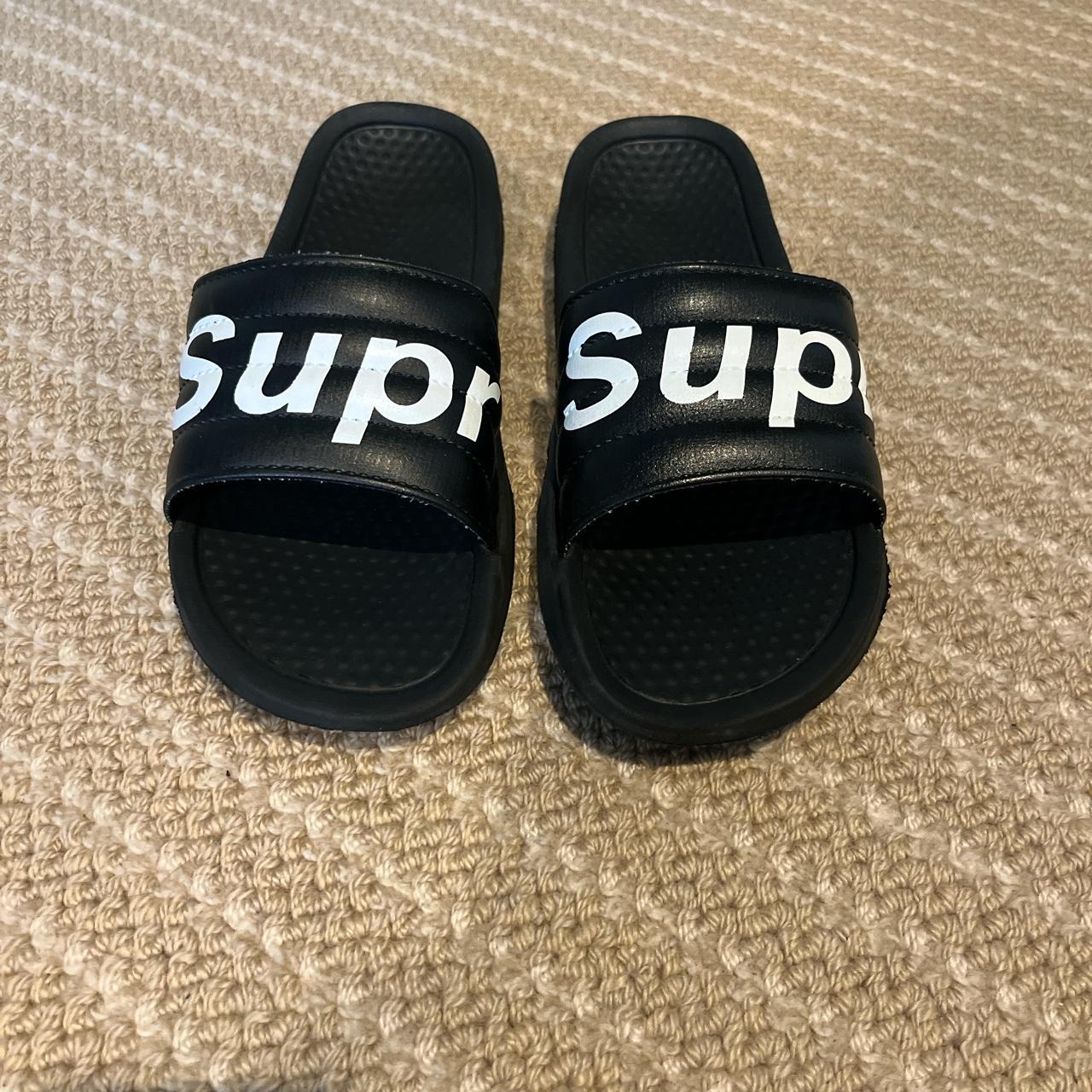 Supreme Men's Black and White Slides Depop