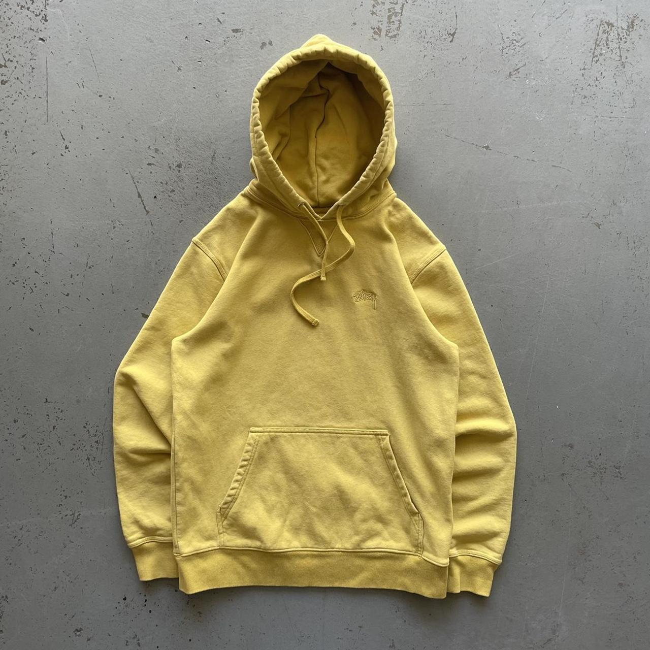 Stüssy Men's Yellow and Cream Hoodie Depop