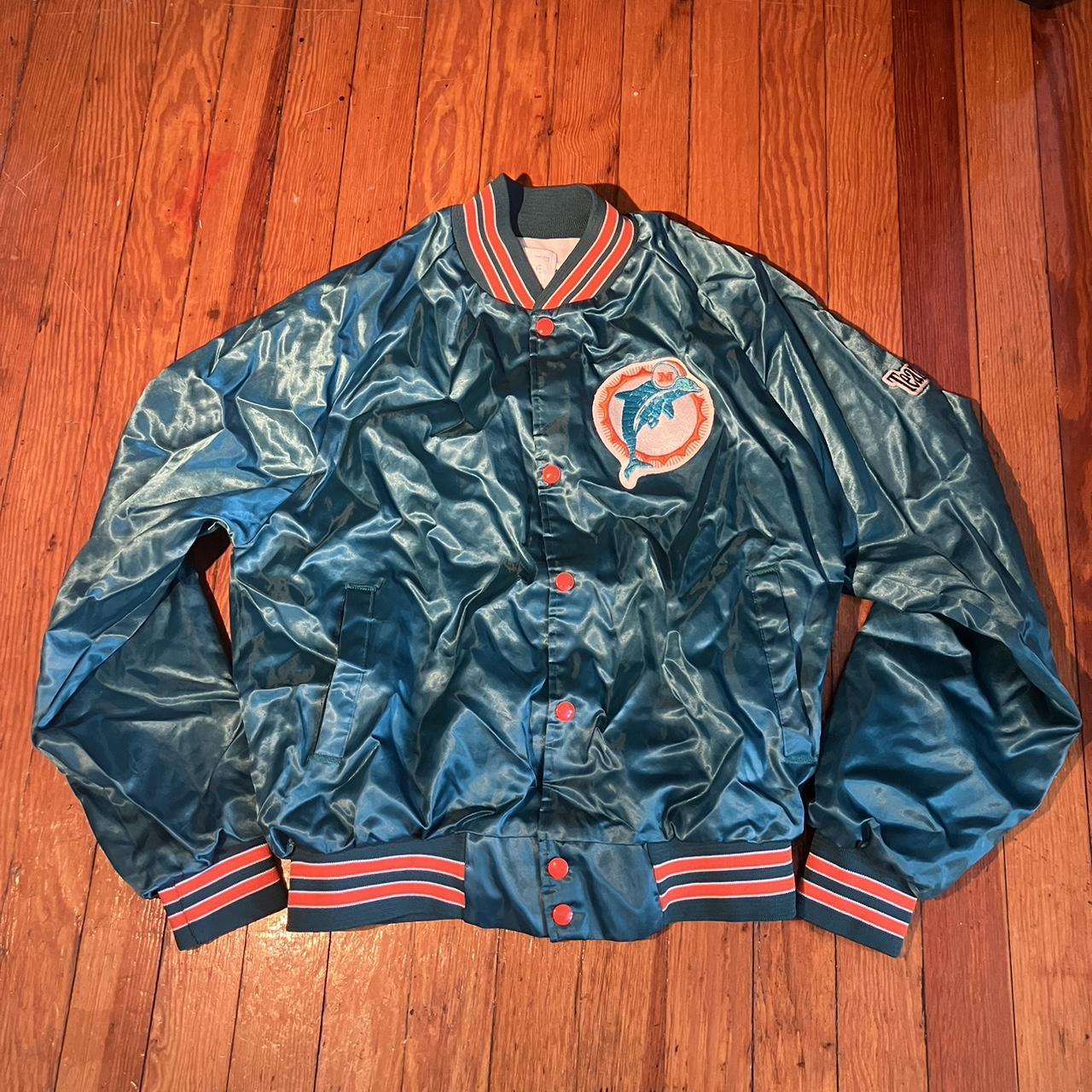 80s Chalk Line Miami Dolphins Satin Bomber Jacket. - Depop