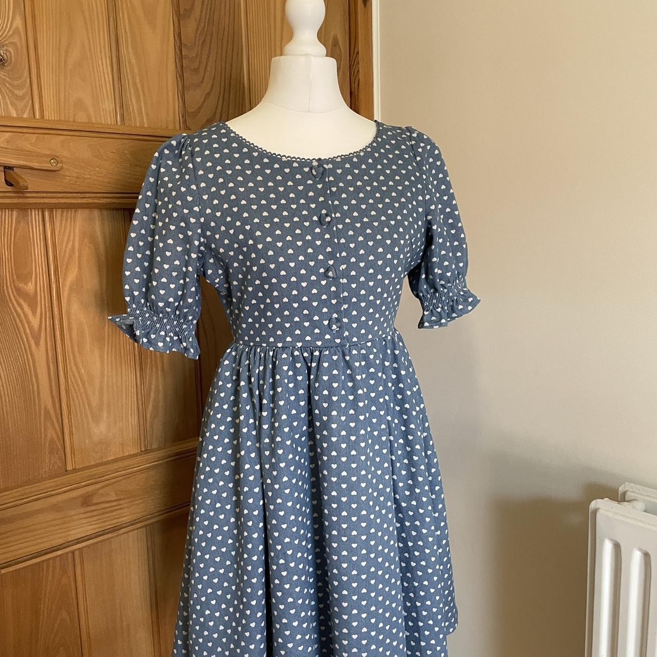 denim one piece dress with heart polka dots by... - Depop