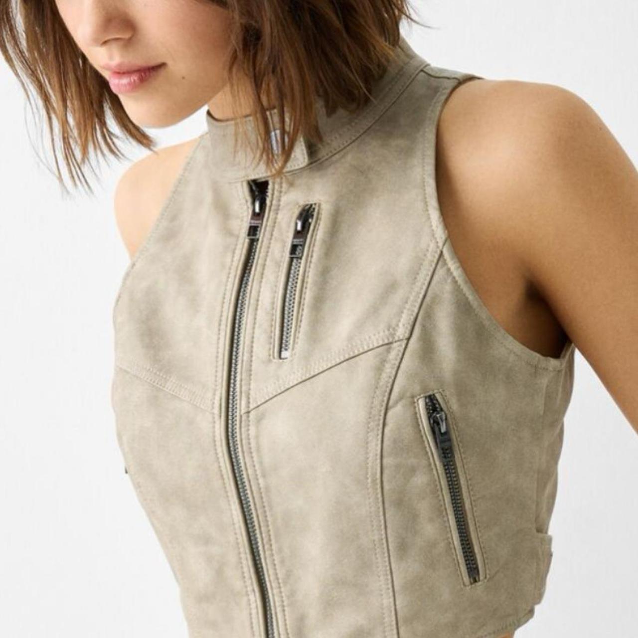 Bershka High neck sleeveless zip up tan and