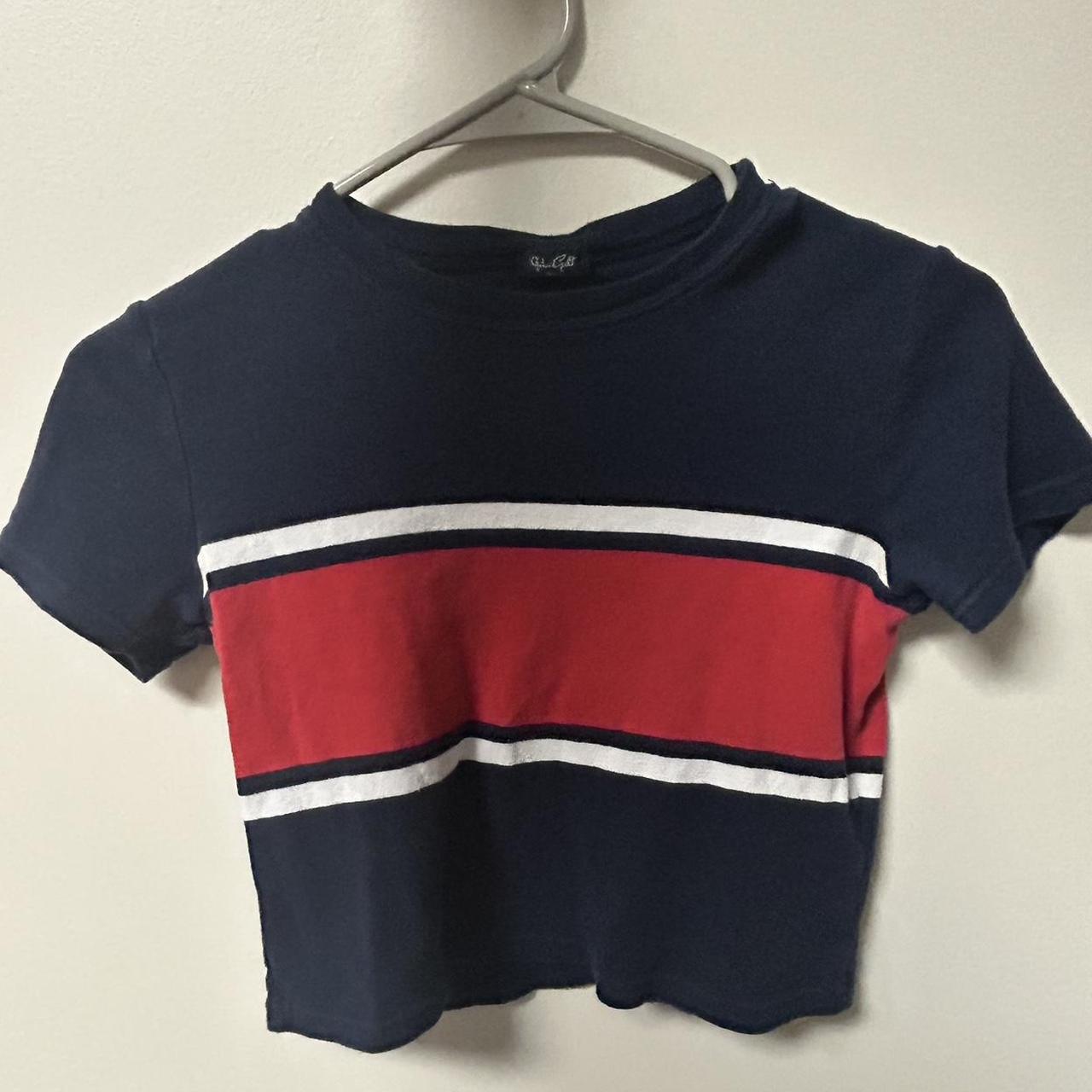 Brandy Melville Crop T-shirt Navy Blue Red Striped Crew Neck