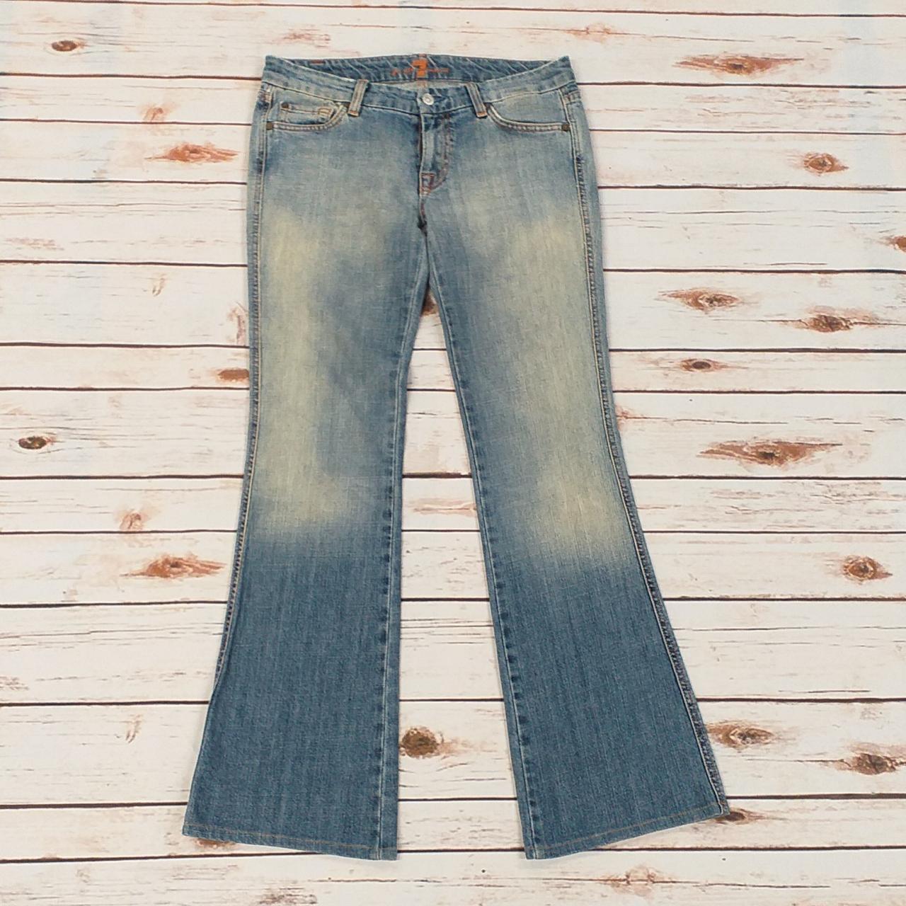 7 For All Mankind Blue Denim Bleached Flare... - Depop