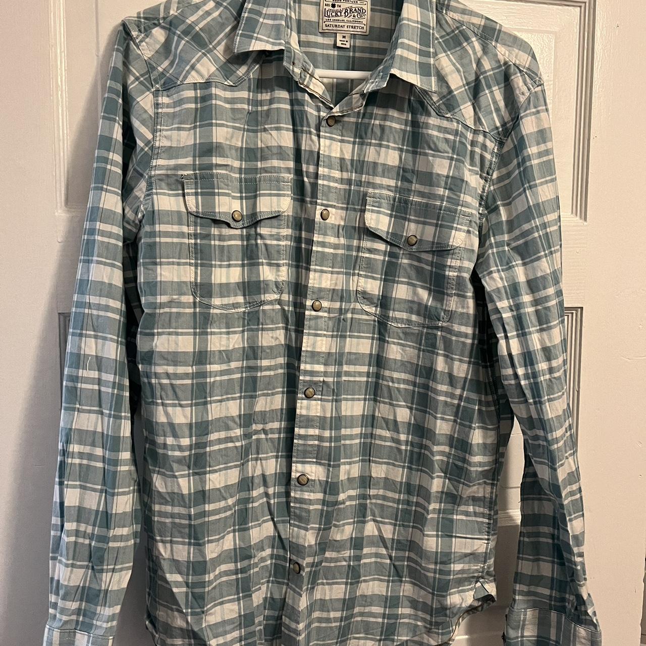 Lucky brand blue and white plaid button up flannel - Depop