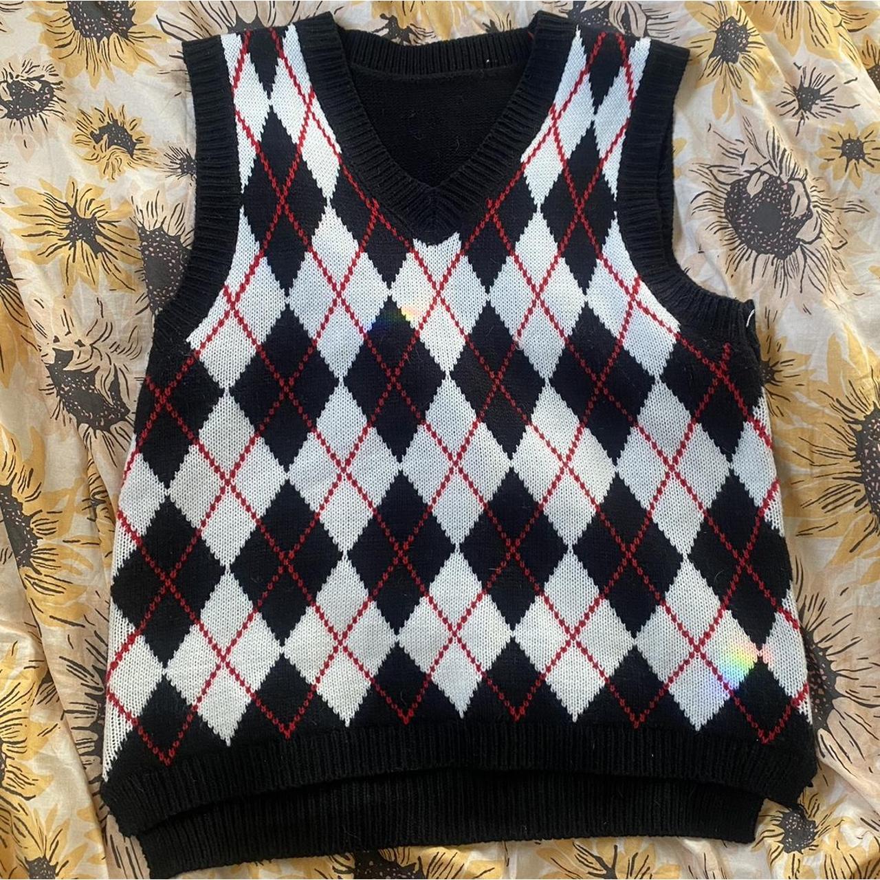 Knitted sweater vest, black red and white Depop