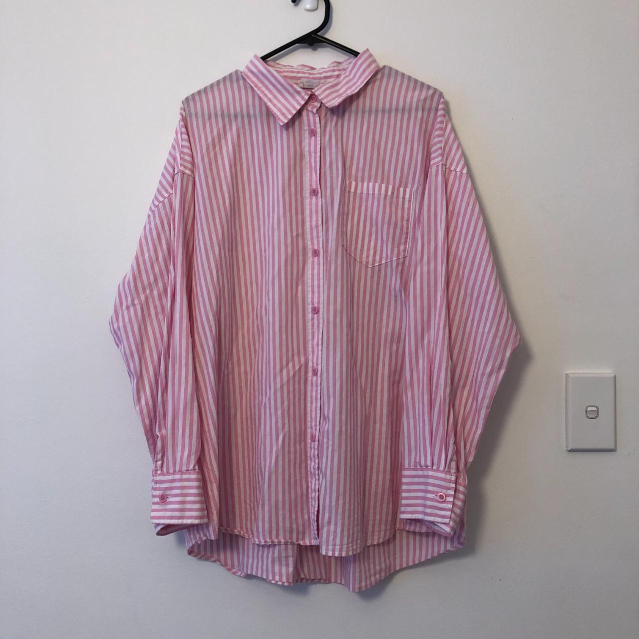 CottonOn pink and white strip dad style shirt.... - Depop