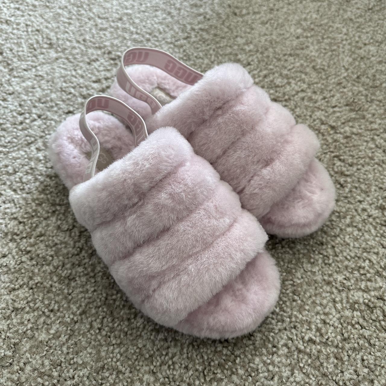 fluffy baby pink UGG slides. about a 1 inch heel.... Depop