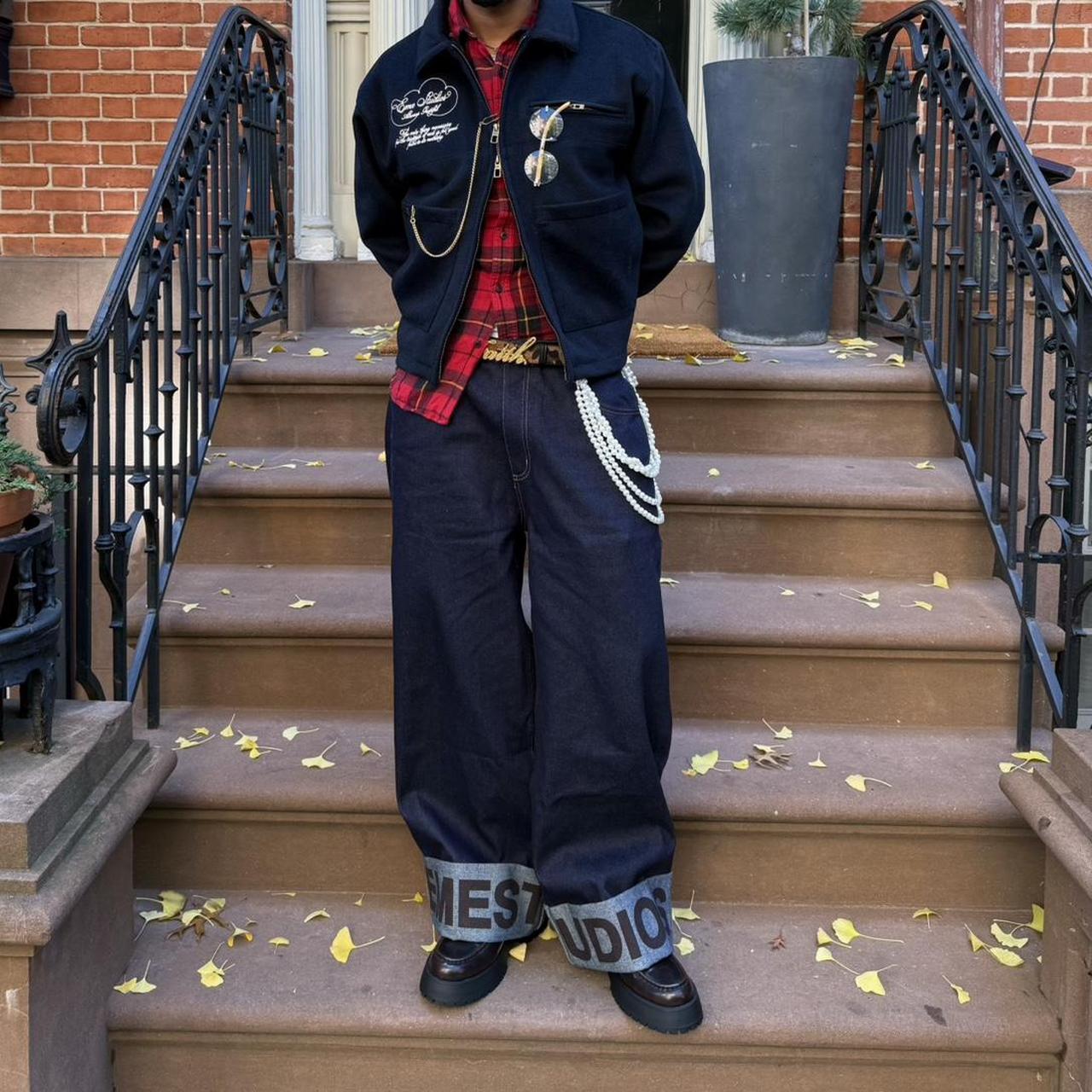 Eme Studios navy blue full zip jacket with plaid... | Depop