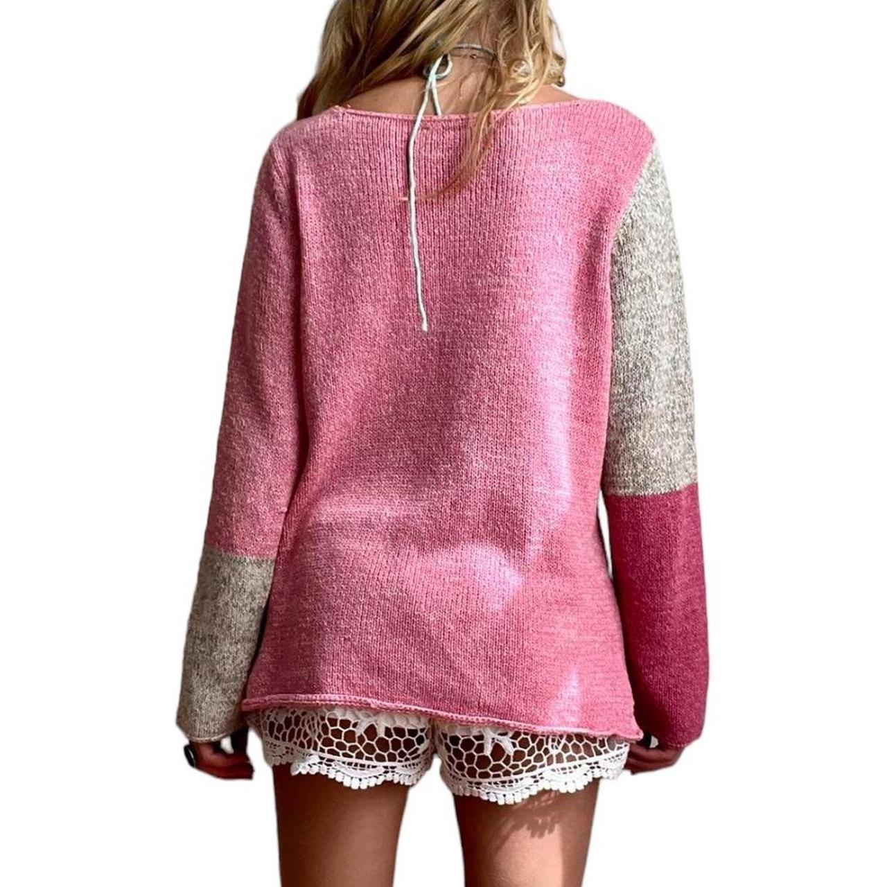 Y2k groovy pink embroidered flower sweater Size... Depop