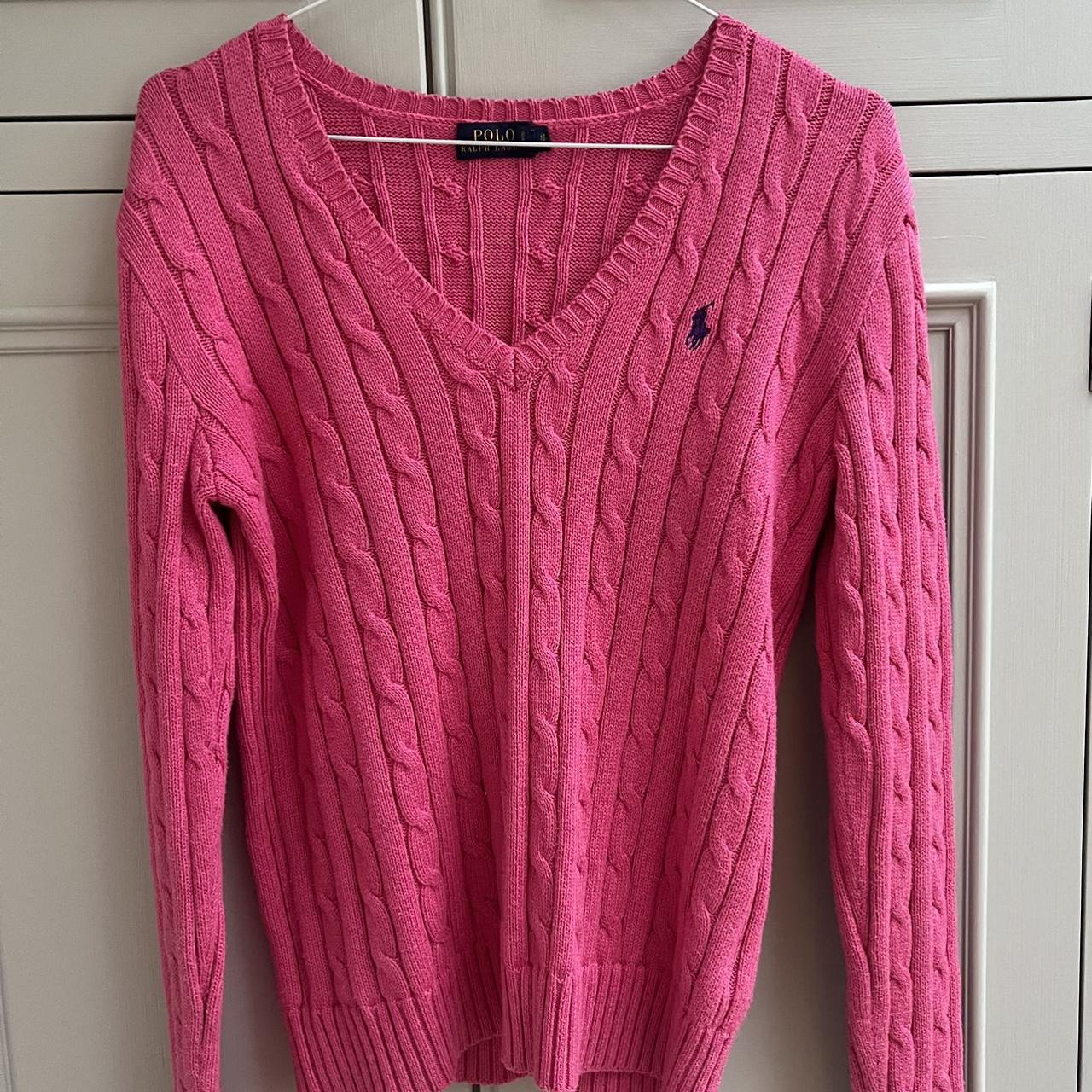 Pink Polo Ralph Lauren cable knit V-neck jumper -... - Depop